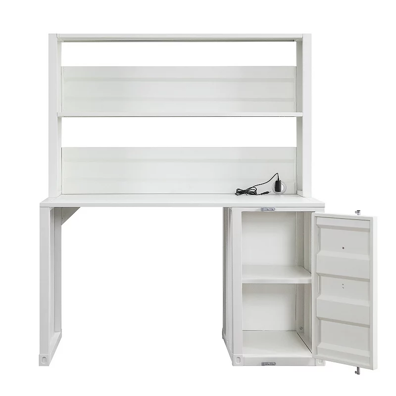 Metal Base Desk and Hutch with Slated Pattern and Storage Compartment， White