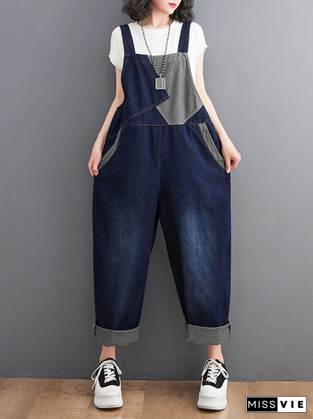 Casual Denim Contrast Color Split-Joint Overalls