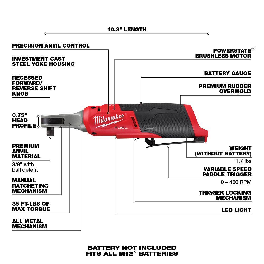 MW M12 FUEL 12V Lithium-Ion Brushless Cordless High Speed 38 in. Ratchet wM12 FUEL 12V 38 in. Extended Reach Ratchet 2567-20-2560-20