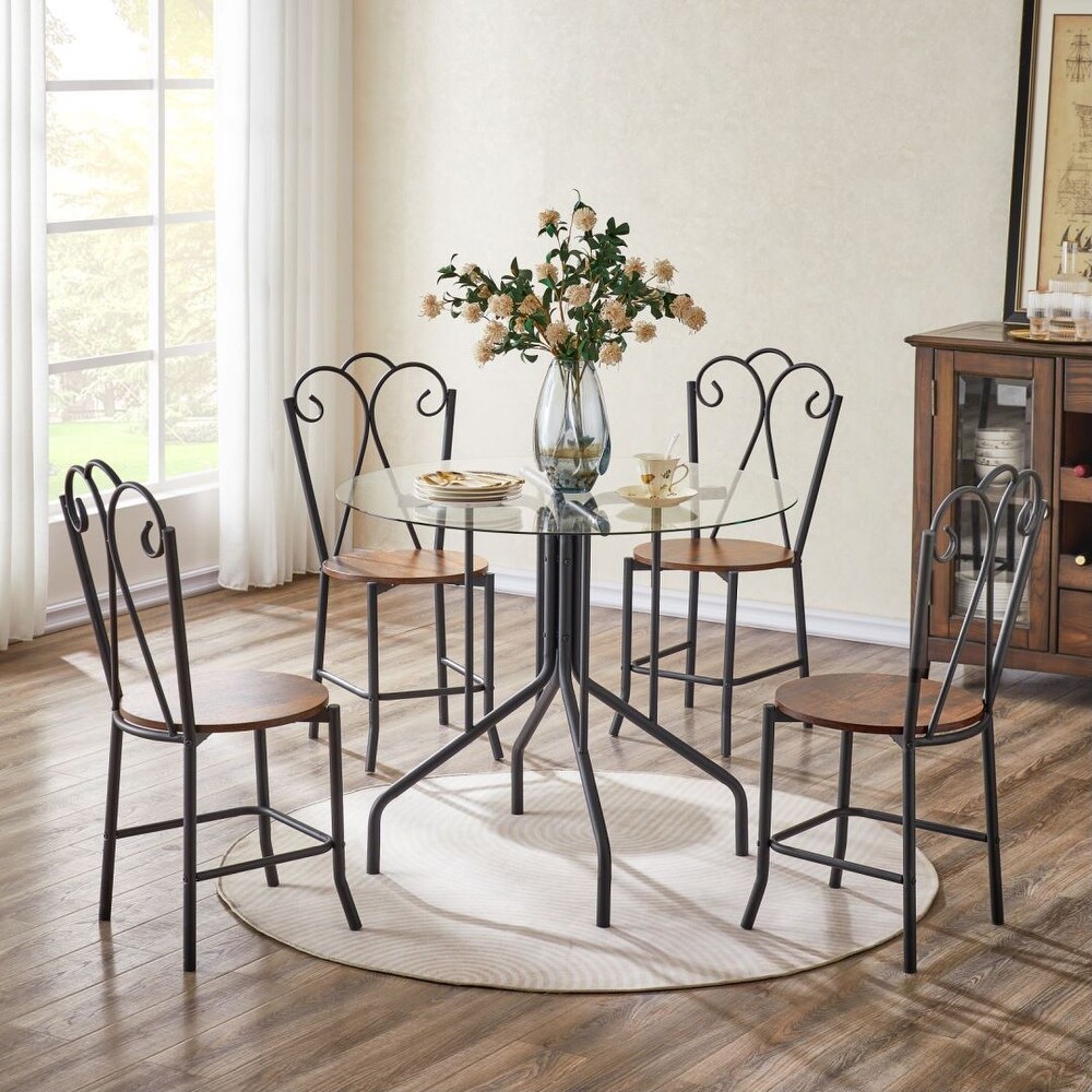 Modern Round 5 Piece Tempered Glass Table with 4 Chairs for Home Kitchen