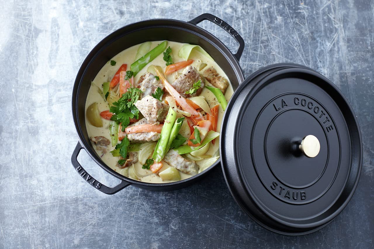 Staub Cast Iron 7-qt Round Cocotte - Black Matte， Made in France