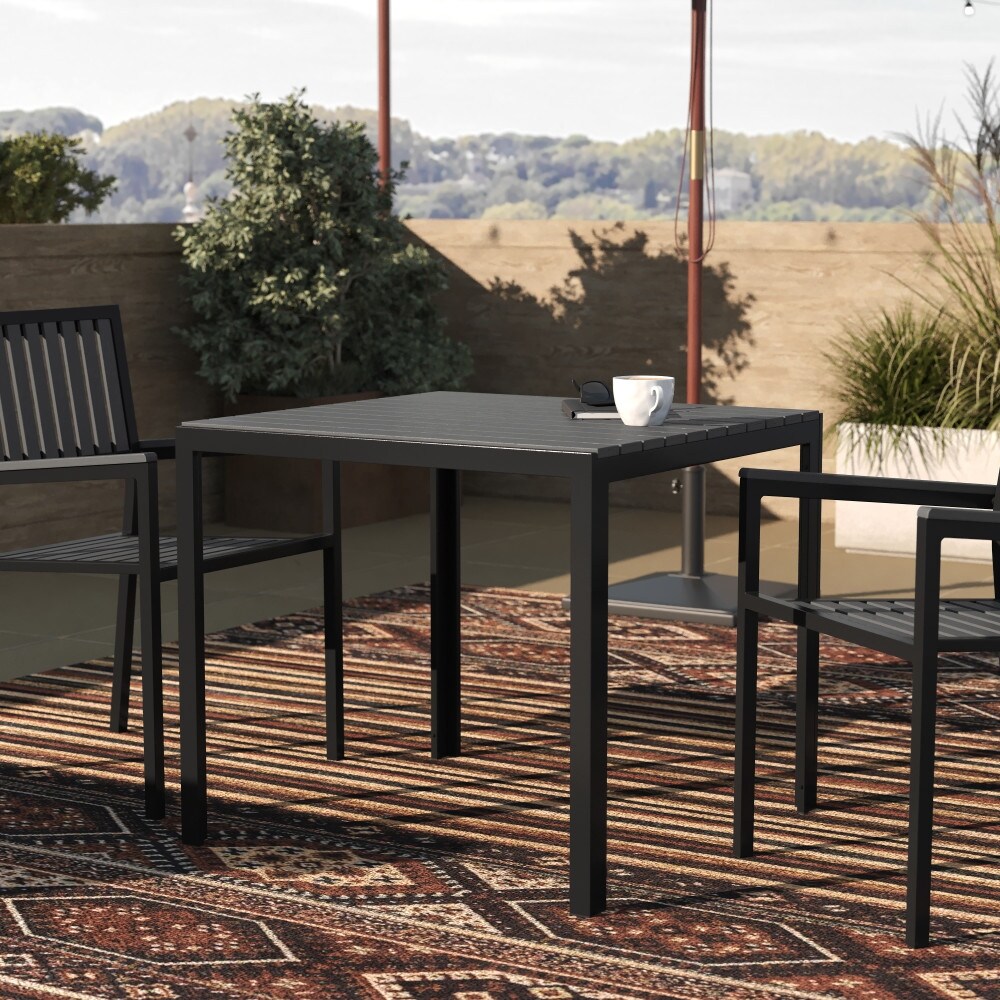 Indoor/Outdoor Steel Patio Table with Faux Wood Slatted Top