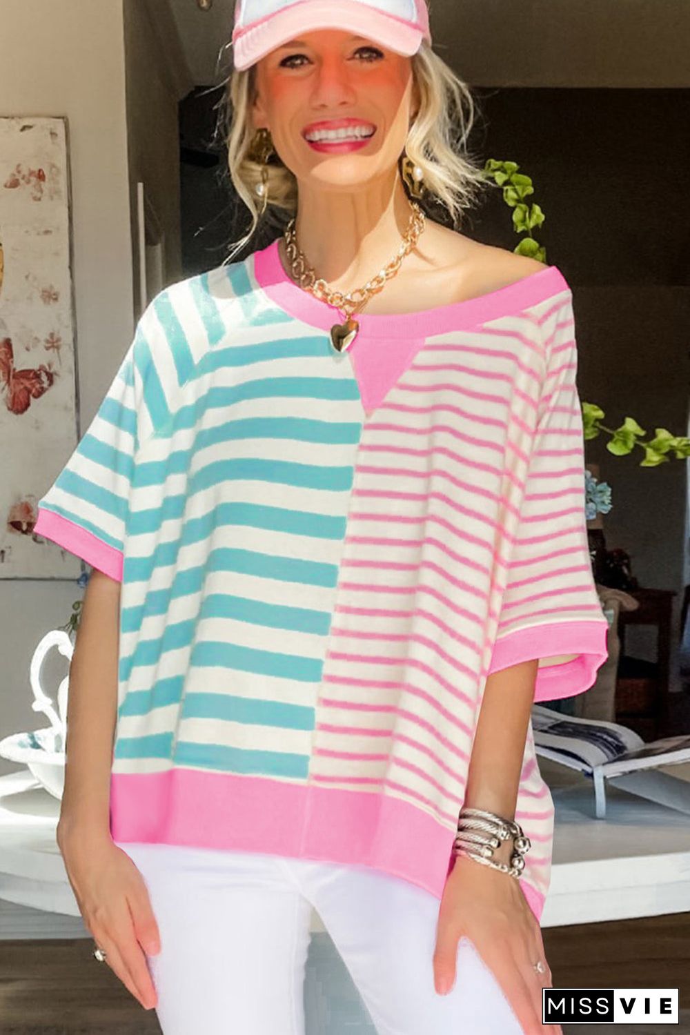 Stripe Contrast Patchwork Oversized T Shirt