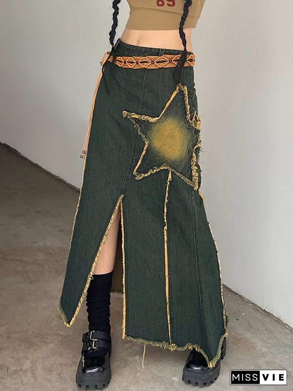 Slit Vintage Star Embroidered Denim Maxi Skirt