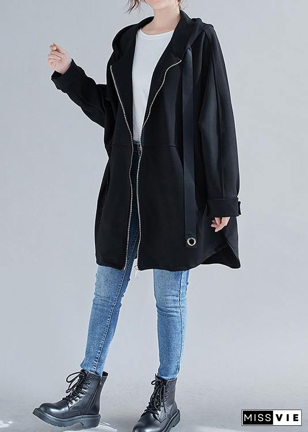 Style hooded zippered Plus Size coats women blouses black oversized outwears