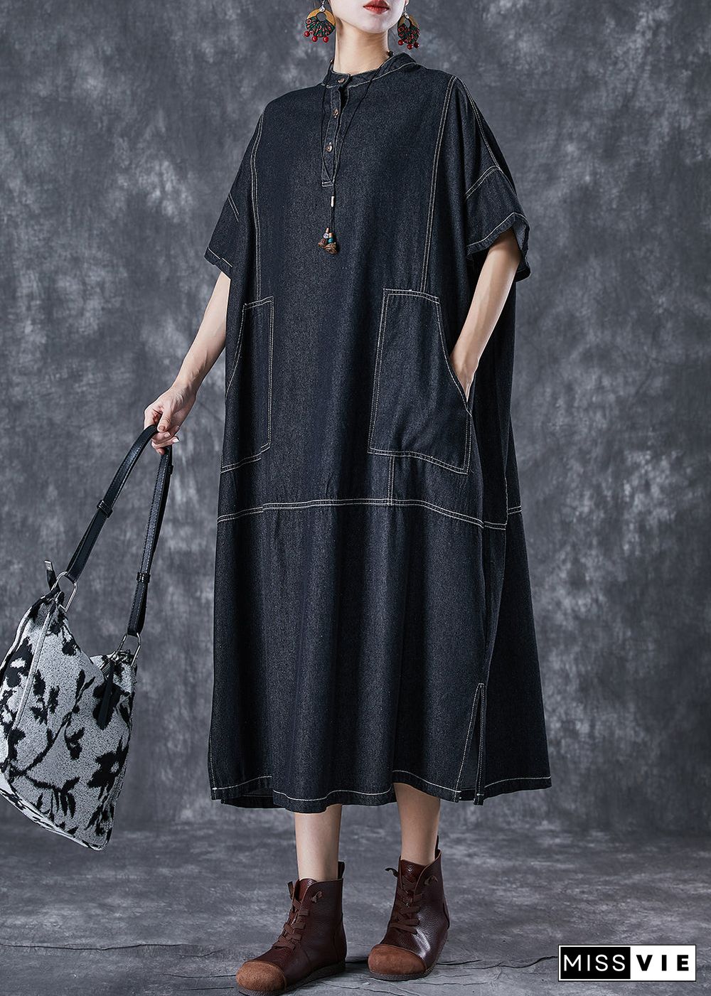 Black Denim Vacation Dresses Stand Collar Pockets Summer