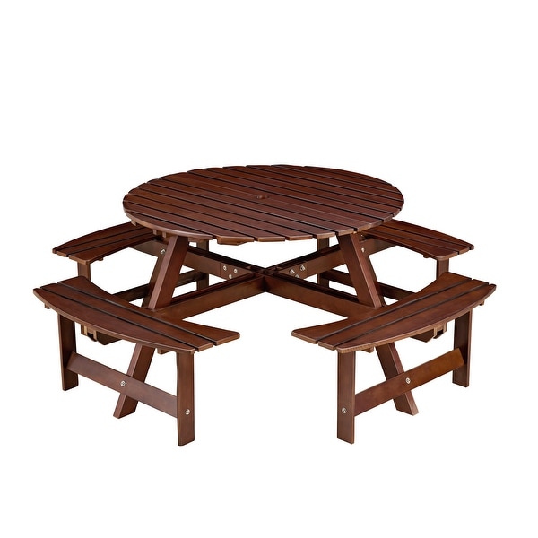 Outdoor 8 Person Picnic Table，8 person Round Picnic Table with 4 Builtin Benches，Umbrella Hole，Outside Table and Bench Set