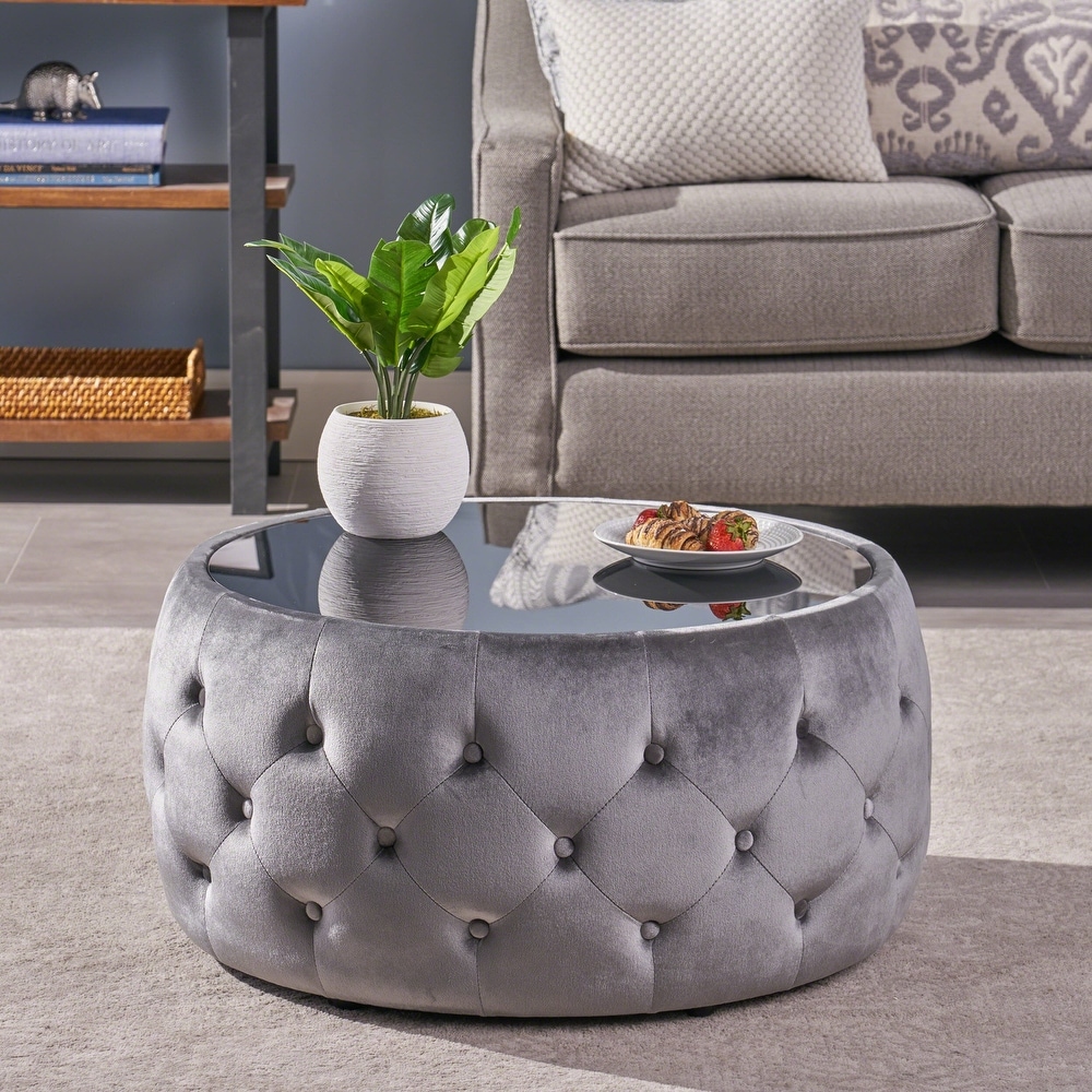 Ivy Glam Velvet and Tempered Glass Coffee Table Ottoman  Smoke  Black