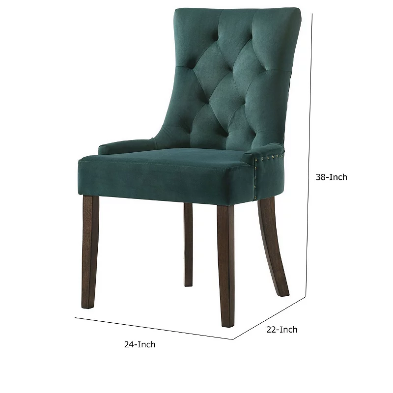 Esme 24 Inch Solid Wood Dining Chair， Velvet， Tufted， Set of 2， Green