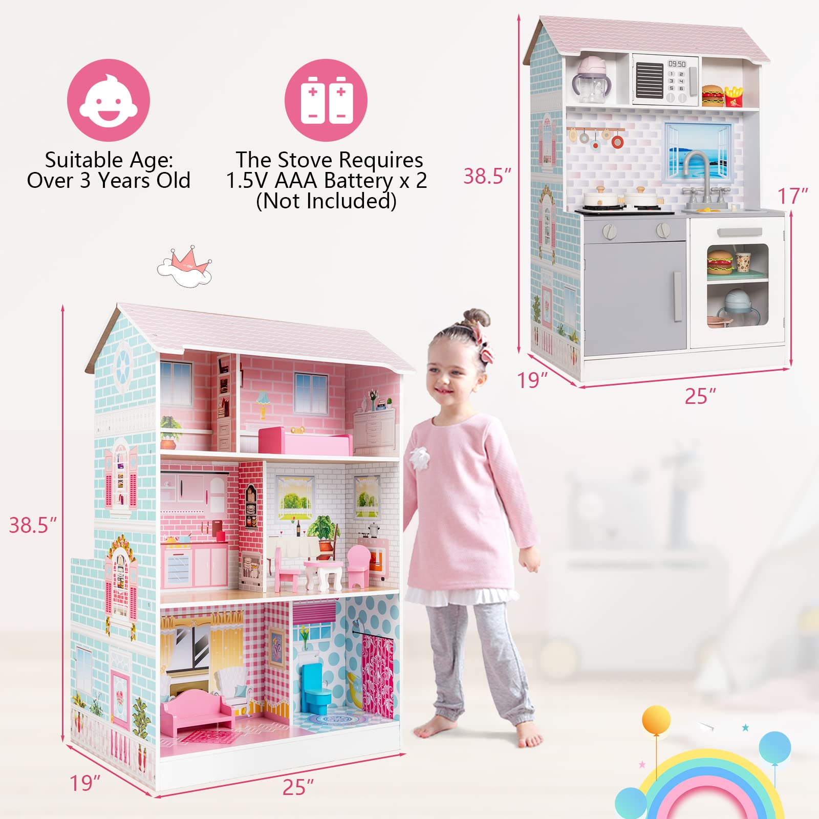 Costzon 2 in 1 Kids Kitchen Playset and Dollhouse, Wooden Double-Sided Pretend Chef Play Set