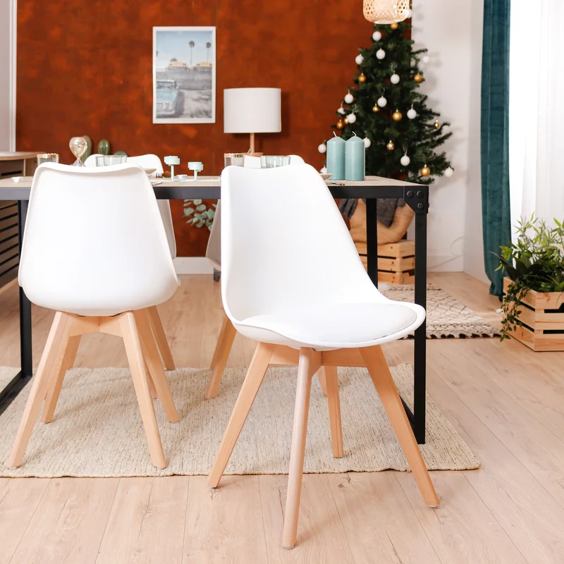 Matcha Chic Set of 4 Dining Chairs Mid-Century Modern Shell PU Seat with Wooden Legs-White