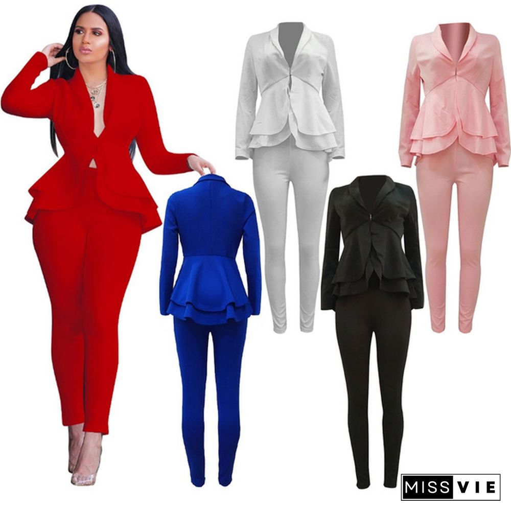 Women's 2 Piece Business Outfit Casual Blazer And Pencil Pant Suits Set