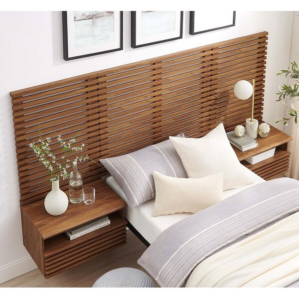 Vidalia Mid-century Modern Walnut Wooden Floating Twin Size Headboard with Nightstands - - 38057183