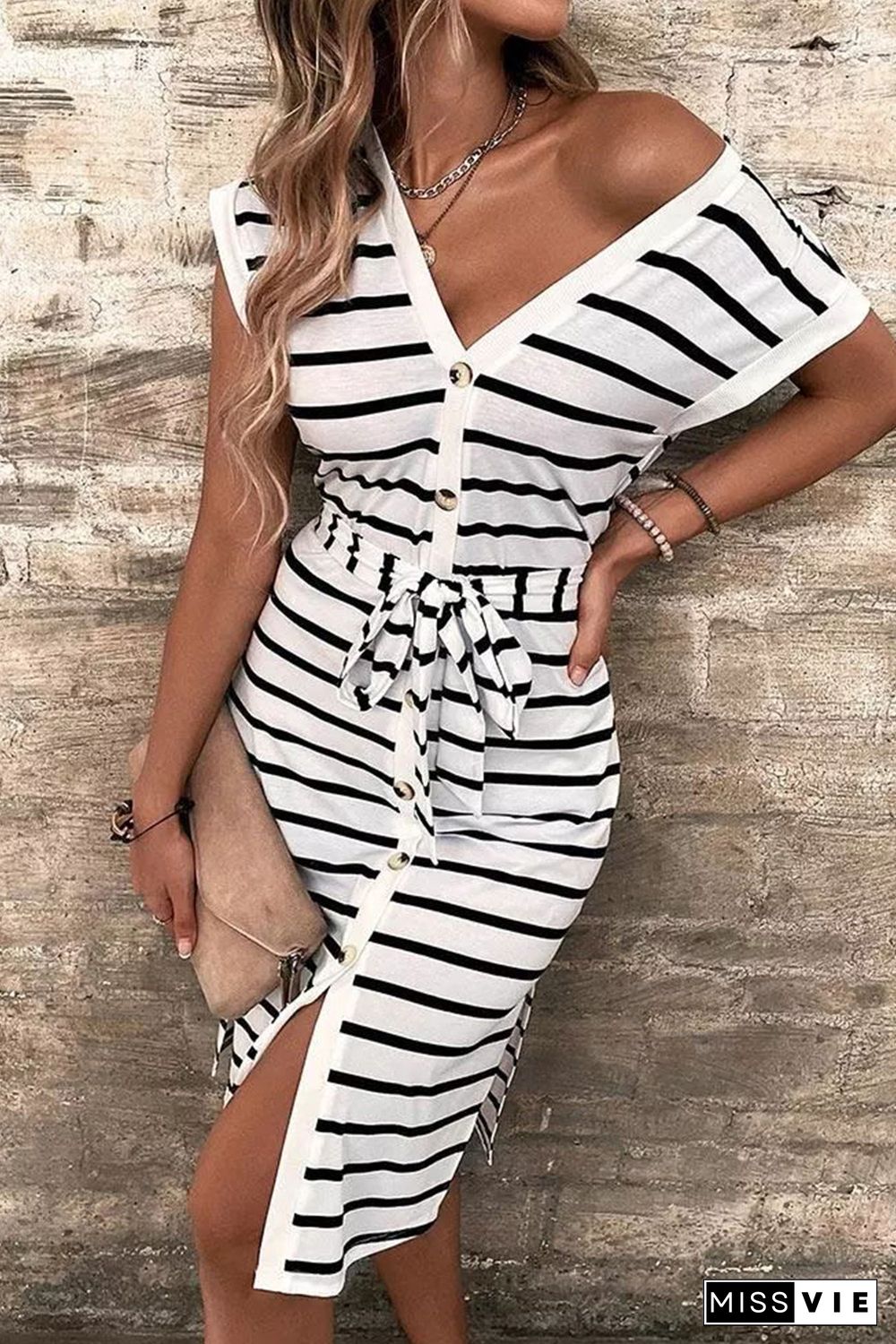 Striped Button Slit Tie V-Neck Midi Dress