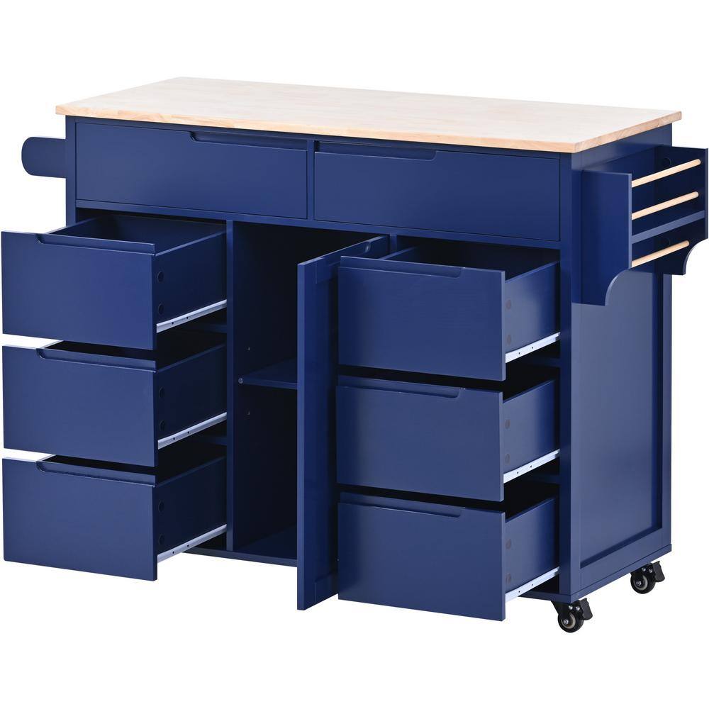 Siavonce Blue Rubber Wood 18.50 in. W Kitchen Island Cart with 8 Handle-Free Drawers Including a Flatware Organizer and 5 Wheels DJ-ZX-SK000002AAG