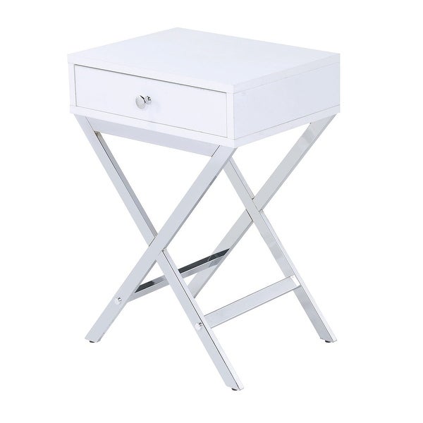 Wood and Metal Side Table with Crossed Base， White and Silver - 22 H x 16 W x 12 L Inches