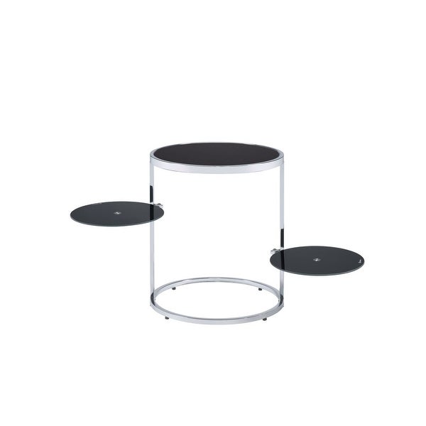 Round Side Table 2 Swiel Tier Shelf Open Frame Tempered Glass Side Table， Black and Chrome Finish