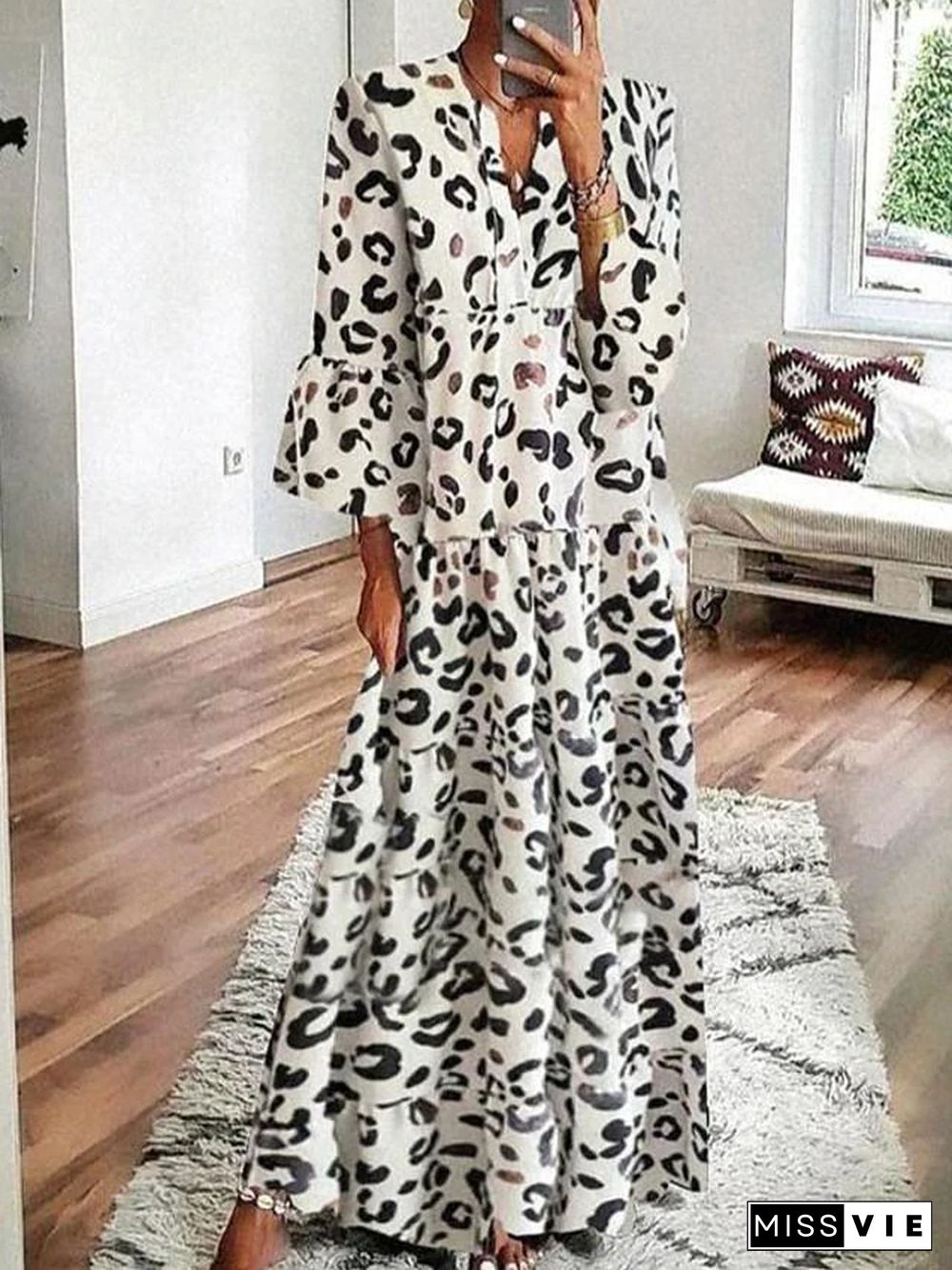 Women's Swing Dress Maxi long Dress 3/4 Length Sleeve Print Print Spring Summer Casual vacation dresses Flare Cuff Sleeve White Black S M L XL XXL 3XL