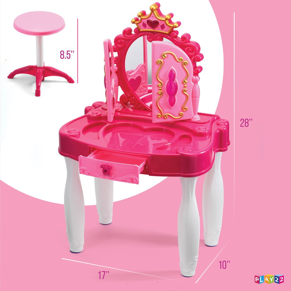 Pretend Play Vanity Set with Mirror and Stool 20 PCS - Kids Makeup Vanity Table Set with Lights and Sounds - Kids Beauty Salon Set Includes Fashion Hair  Makeup Accessories  Blow-dryer - Play22USA