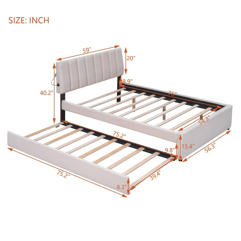 Teddy Fleece Full/Queen Size Upholstered Platform Bed with Trundle  Smart LED Bed Frame with Headboard and Wooden Slats Support