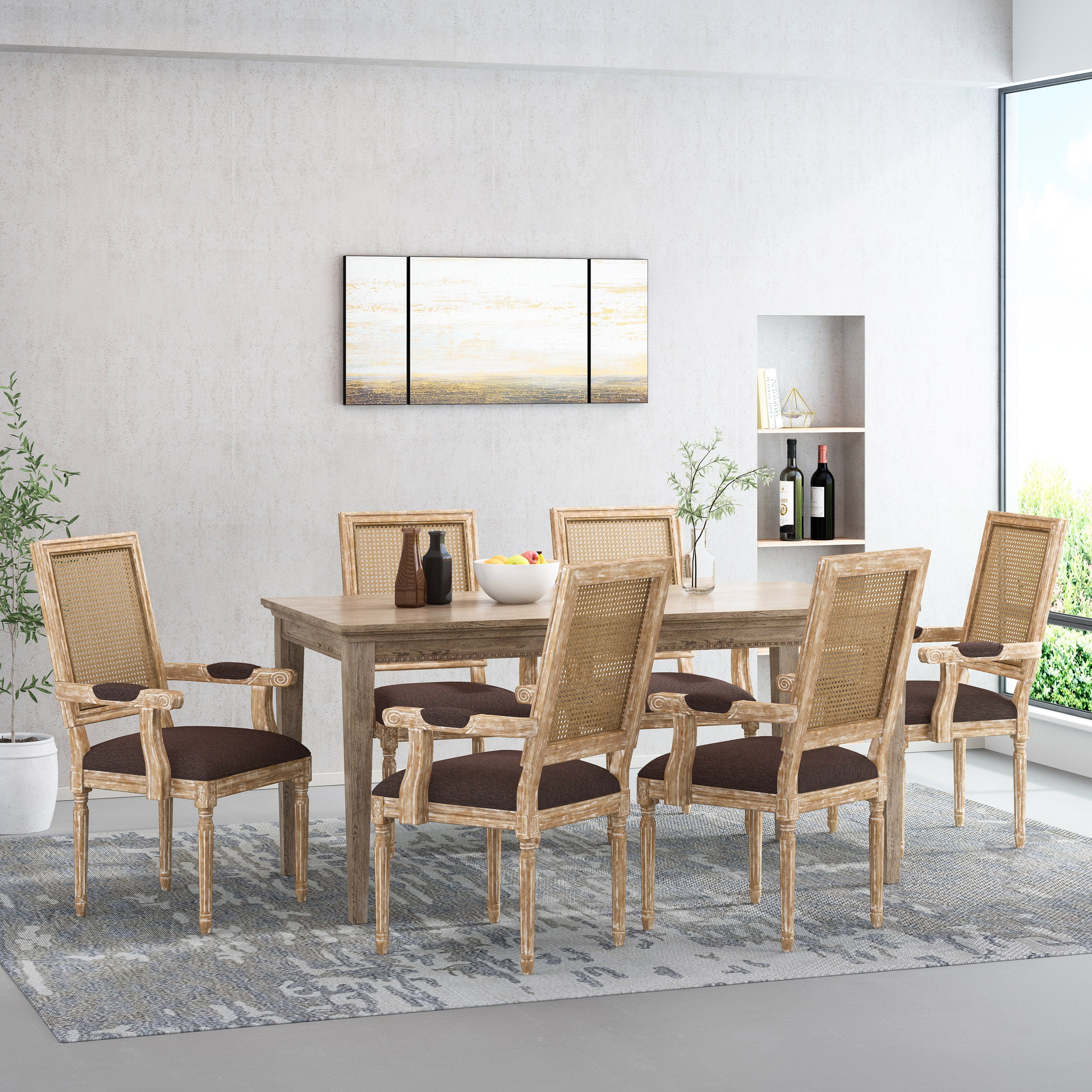 Zentner French Country Upholstered Wood and Cane Upholstered Dining Chairs, Set of 6