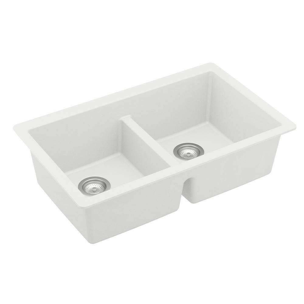 Karran Quartz White 32 in. 5050 Double Bowl Composite Undermount Kitchen Sink QU-810-WH