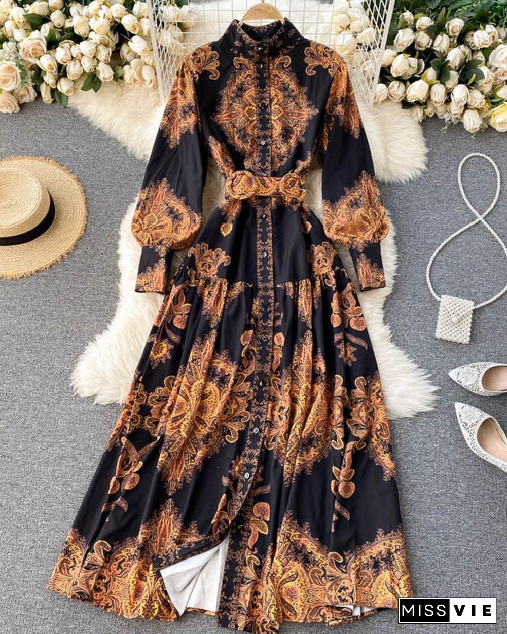 Vintage All Over Print Long Sleeve Maxi Dress With Belt P16174