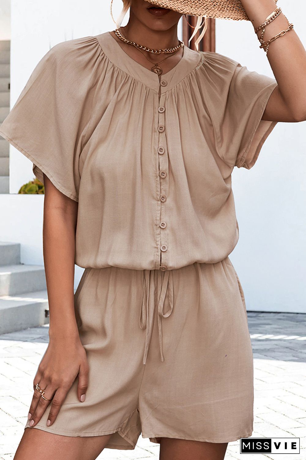 Plain Ruffles Neckline Button Down Rompers