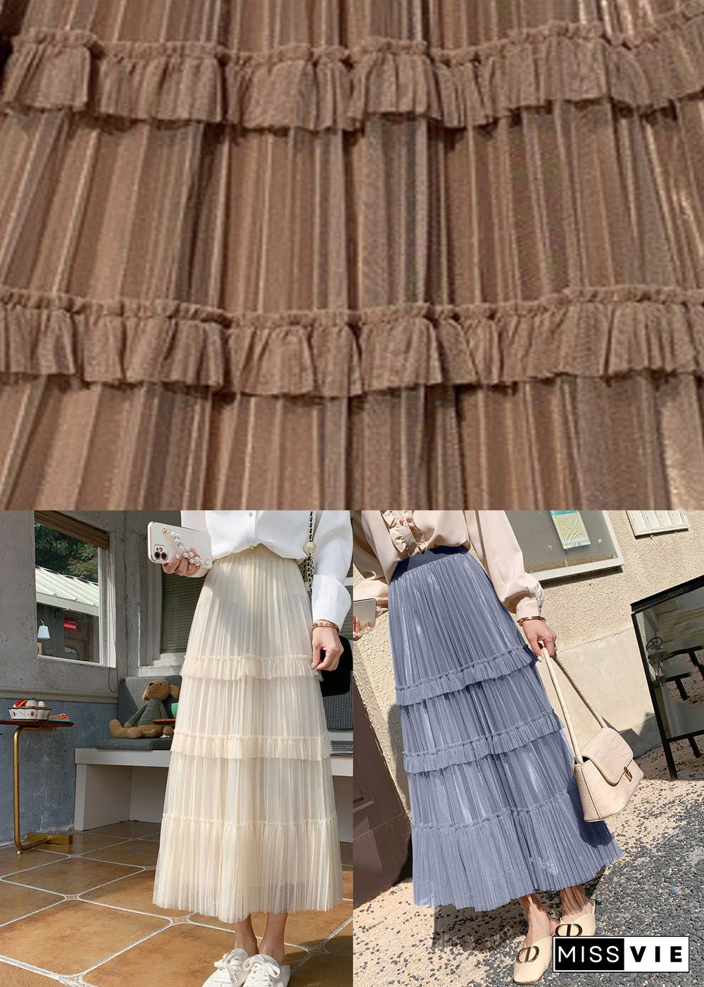 Cute Khaki High Waist Wrinkled Tulle Cake Skirt Spring