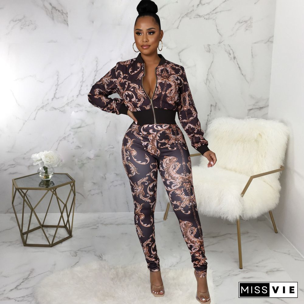 Printed Long Sleeve Zipper Jacket And Pant Suits