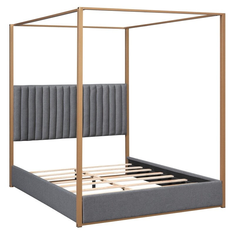 Queen Size Wood Upholstery Canopy Platform Bed w/Headboard and Metal Frame