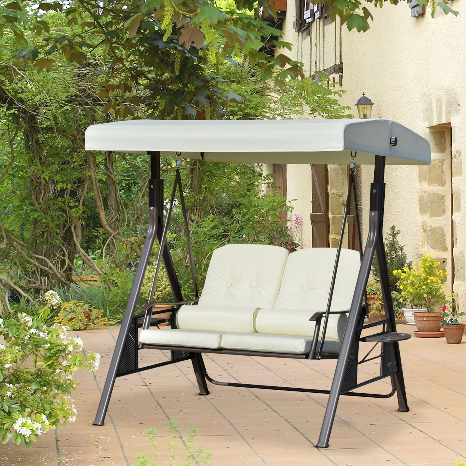 Outsunny 2-Person Patio Swing Chair Outdoor Canopy Swing with Adjustable Shade， Soft Cushions， Throw Pillows and Tray for Garden， Poolside， Backyard， Beige