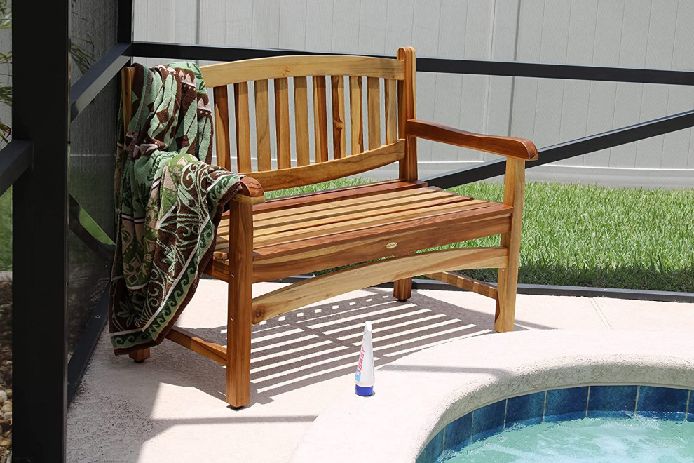 Outdoor Armed Bench  Solid Teak Wood With Slatted Open Backrest  Natural   Transitional   Outdoor Benches   by Decor Love  Houzz