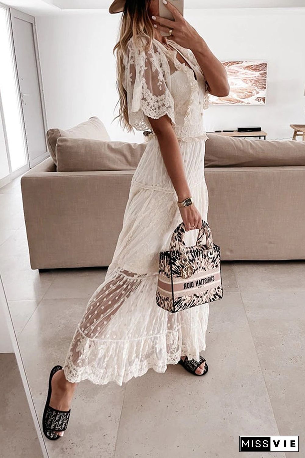 Button Lace V Neck Short Sleeve Maxi Dress