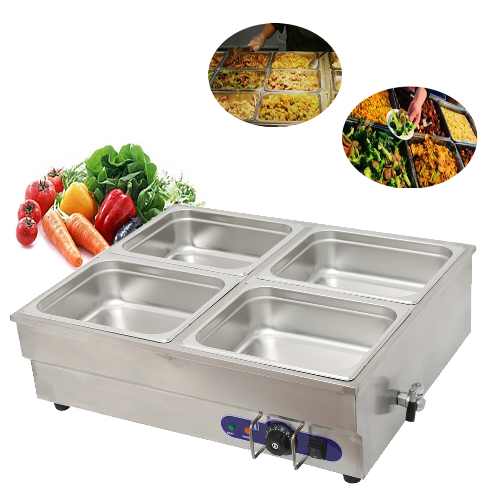 TECHTONGDA Commercial Food Warmer Squarish Stainless Steel Bain Marie Buffet Countertop 4-Well Electric Steam Heater