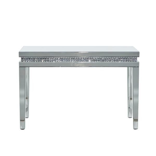 Silver Wood Mirrored Geometric Accent Console Table with Crystal Embellishments