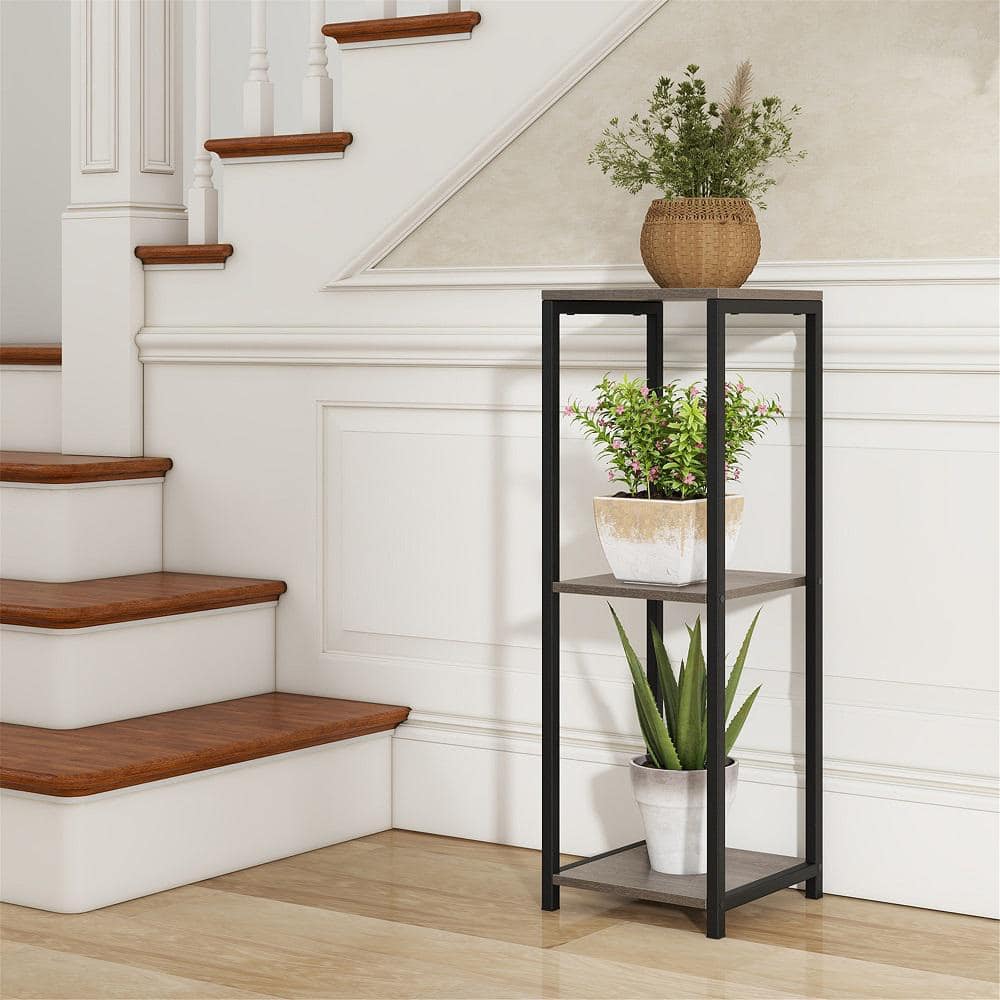 Gymax 36 in. x 12 in. x 12 in. Grey and Black Metal IndoorOutdoor Plant Stand Corner Plant Holder wMetal Frame 3 Tier GYM14122