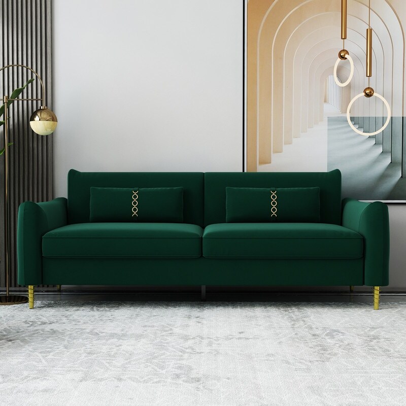 Short Plush Upholstered 3 Seater Sofa Modern Living Room Couch Sofa with Deep Padded Seat Sofa and Metal Legs  Includes Pillows