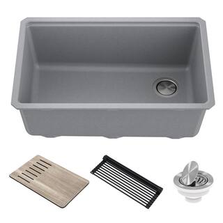 KRAUS Bellucci Gray Granite Composite 30 in. Single Bowl Undermount Workstation Kitchen Sink with Accessories KGUW2-30MGR