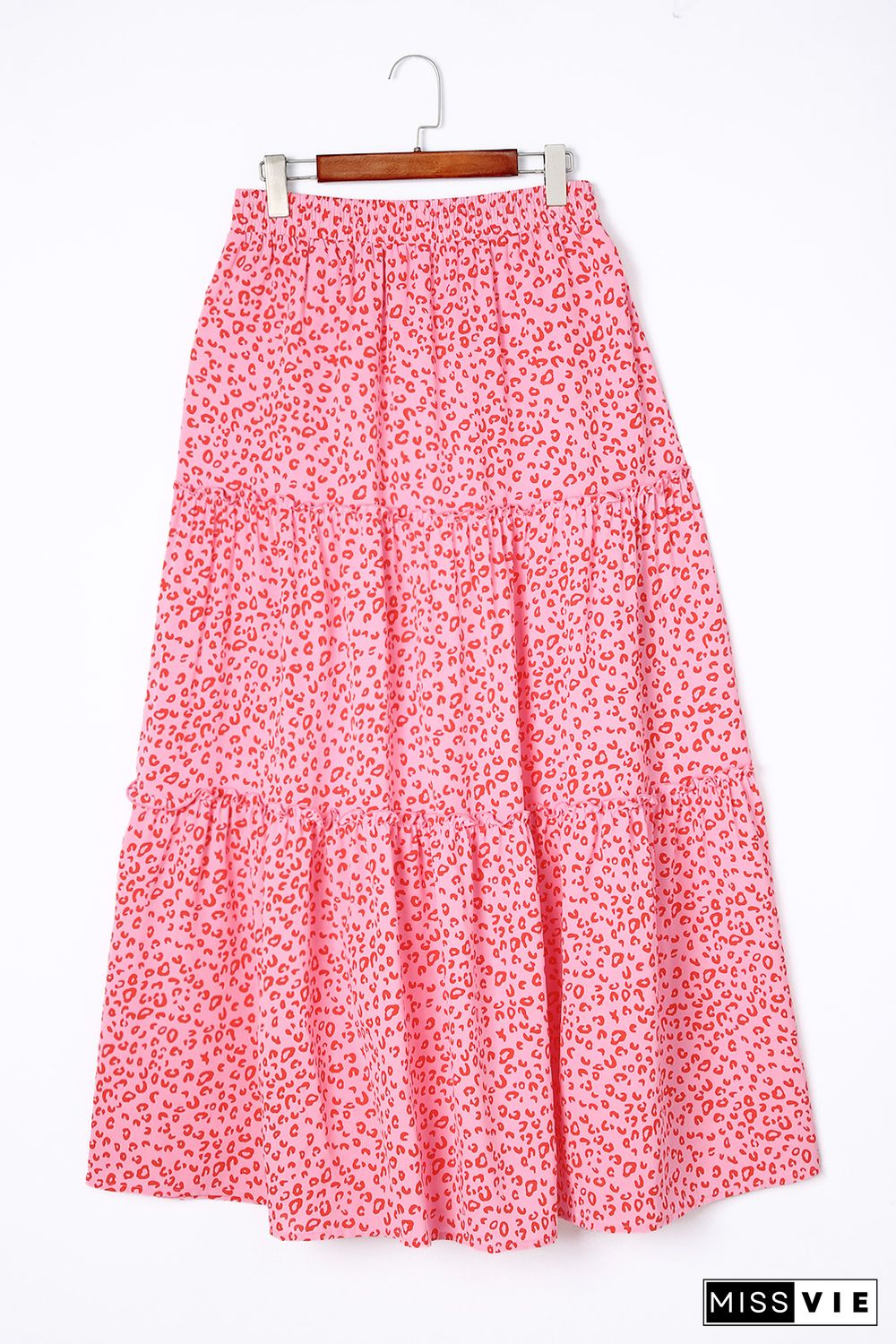 Pink Leopard Print Frilled Drawstring High Waist Maxi Skirt