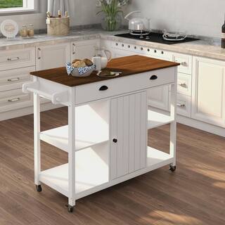 FUNKOL 5-Tier White Wood Top 39.57 in. W Freestanding Kitchen Island Trolley Cart With Adjustable Shelf W282dx42474