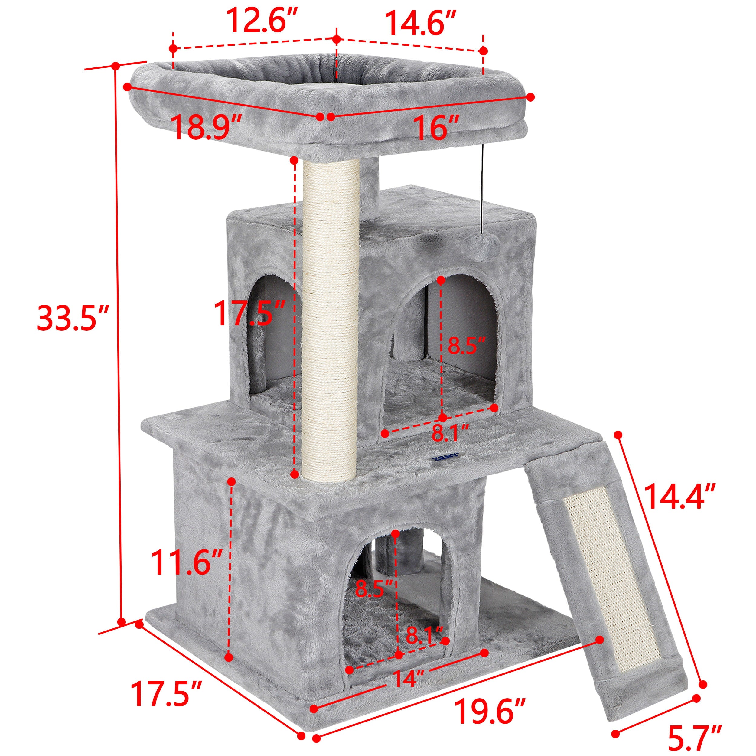 ZENY 34-in Cat Tree and Condo Scratching Post Tower Play House， Gray