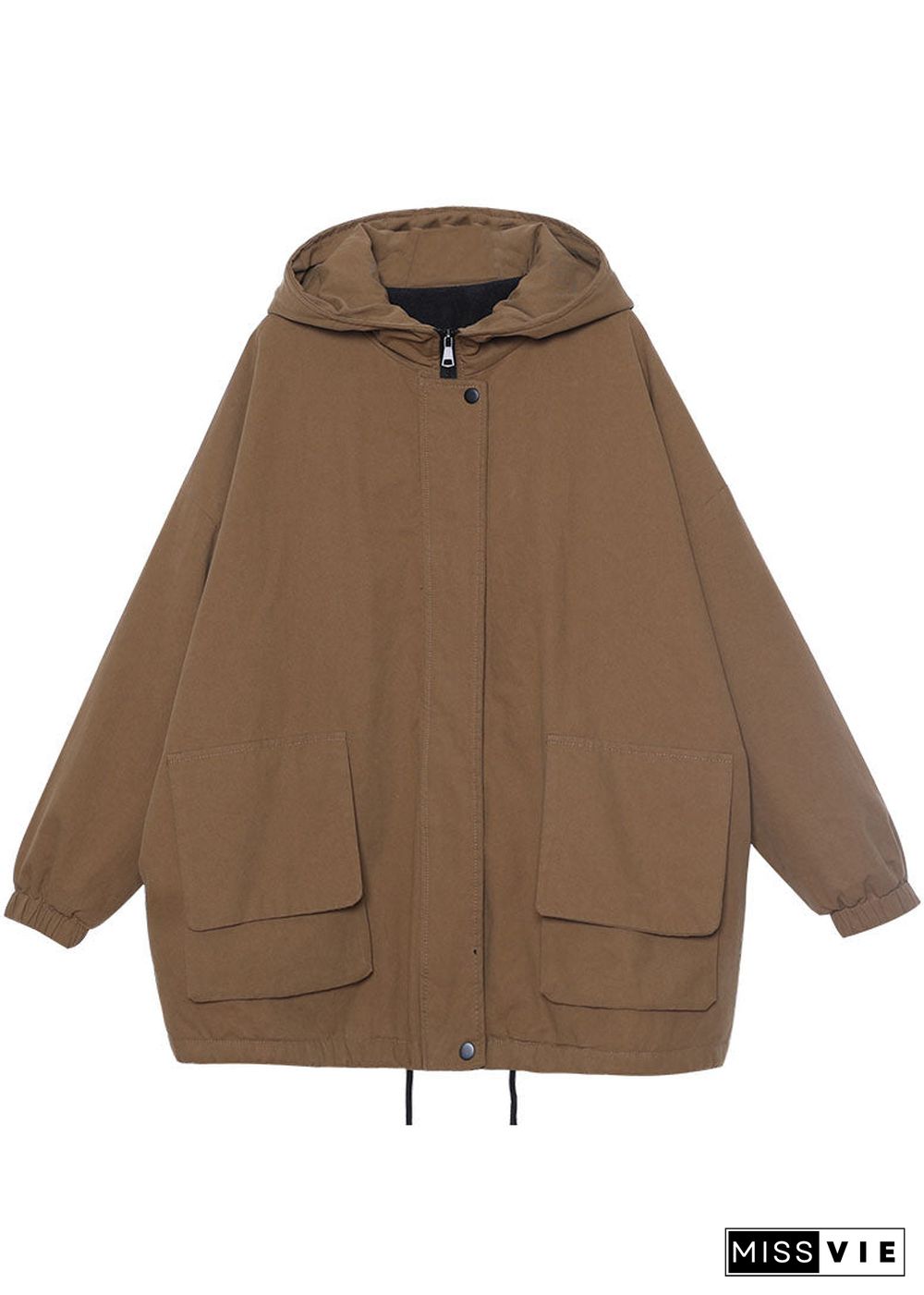 Unique Khaki Hooded drawstring Warm Fleece Jacket In Winter Winter