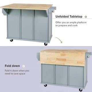 Blue Wood 53 in. W Kitchen Island Cart with Drop Leaf 2-Storage Cabinet 3-Drawers and Storage Rack LN0207MI-CART-2