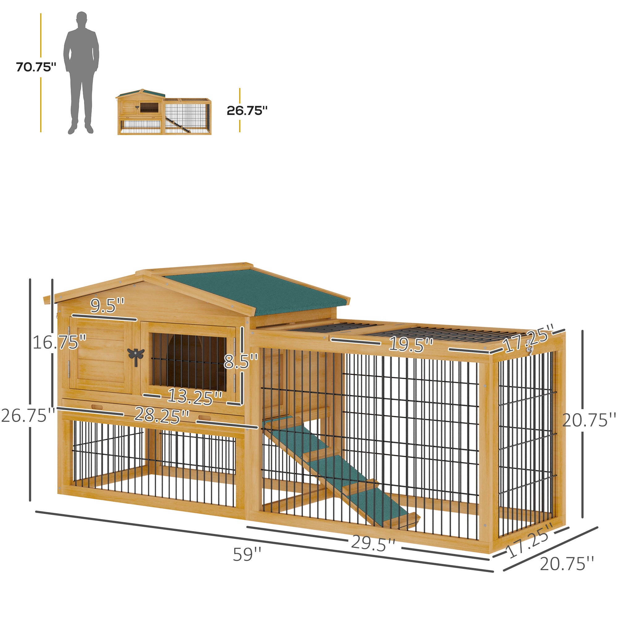 Pawhut Solid Wood Rabbit Hutch with 2 House Levels and Patio Space， Easy Clean