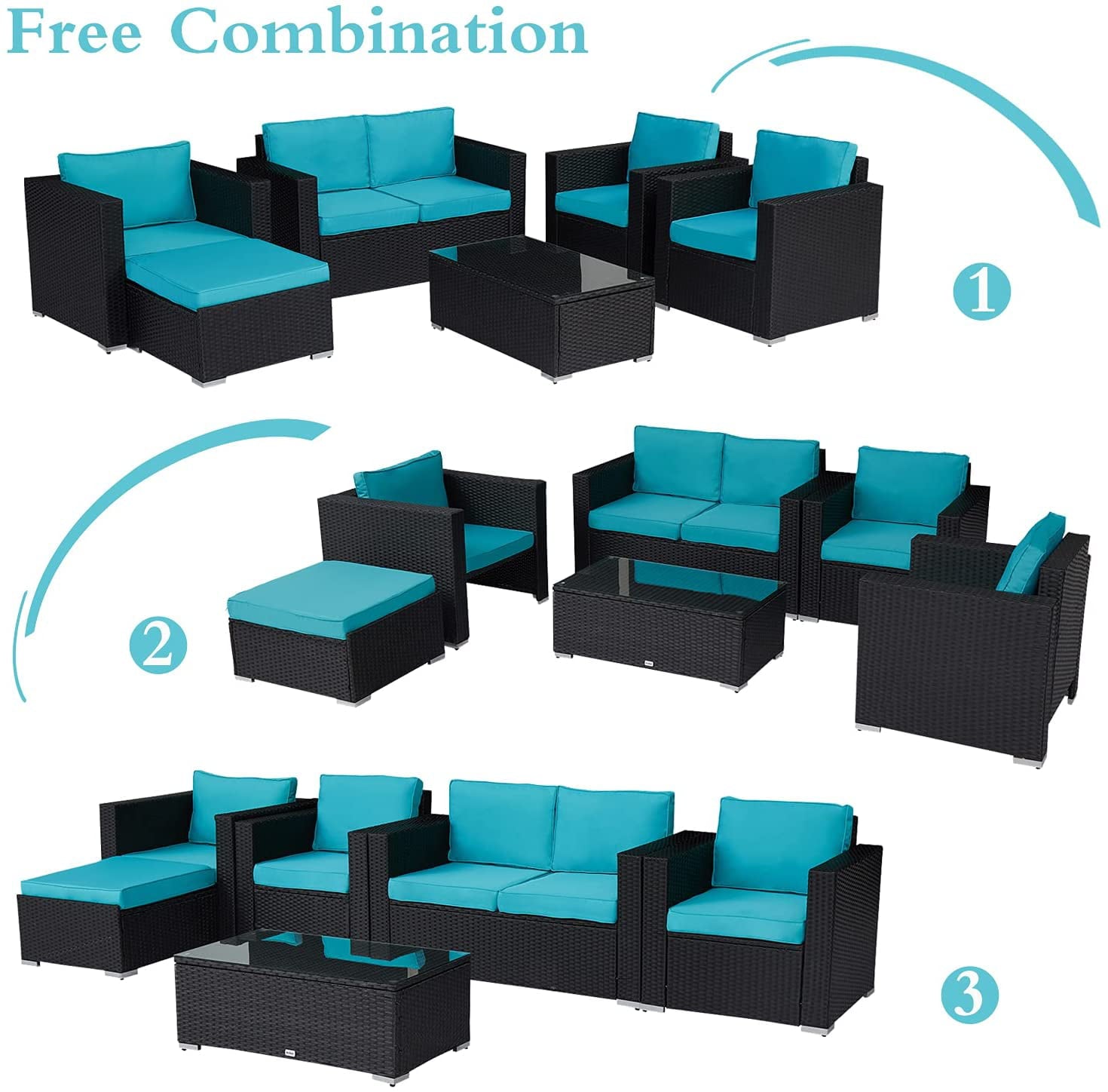 Kinbor 5PCS Patio Furniture Set Outdoor Sectional Sofa Lawn Conversation Sets Wicker Rattan Chair with Ottoman, Turquoise