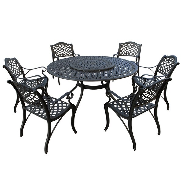 Modern Ornate Outdoor Mesh Aluminum 59in Large Round Patio Dining Set with Lazy Susan and Six Chairs