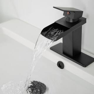 BWE Waterfall Single Hole Single-Handle Low-Arc Bathroom Faucet With Pop-up Drain Assembly in Matte Black A-96009-Black