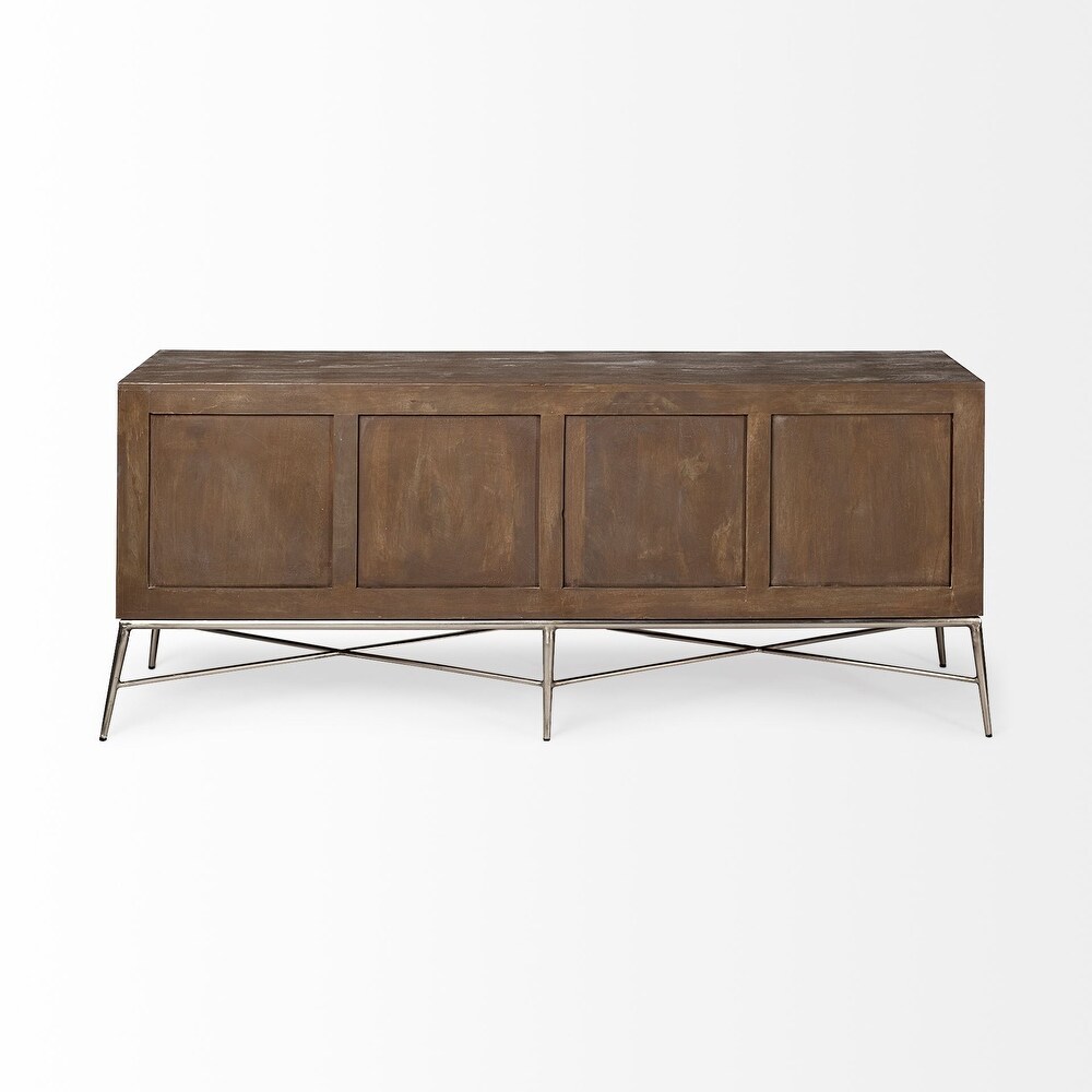 Swordfish Two Tone Brown Solid Wood 4 Door Cabinet w/ Gold Metal Base Sideboard   72.0L x 17.7W x 30.1H