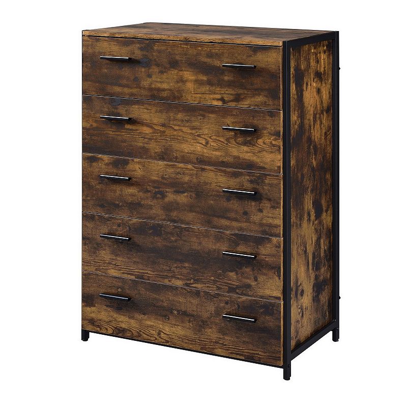 Nat 48 Inch Rustic Wood Chest， 5 Drawers， Brown and Black